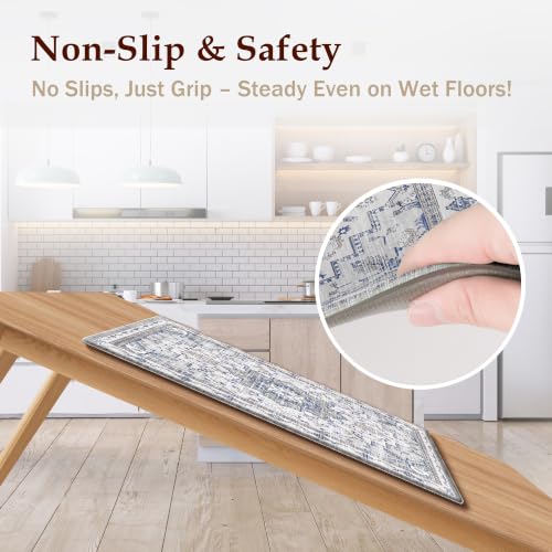 Tubeamin Blue Grey 2-Piece Boho Kitchen Mat Set 23.6x39 + 23.6x59 Inches Anti-Fatigue Waterproof Non-Slip Floor Rugs