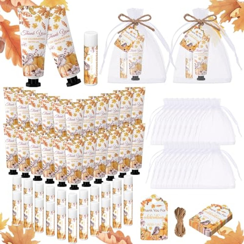 48 Sets 192 Pcs Thanksgiving Pumpkin Hand Cream and Lip Balm Fall Party Favors Gifts for Guests Pumpkin Bridal Baby Shower Wedding Party Favor with Thank You Card Organza Bags Travel Size