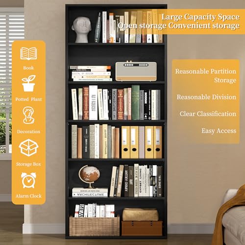 Black 6-Tier Open Bookcase - Modern Industrial Floor Standing Shelving
