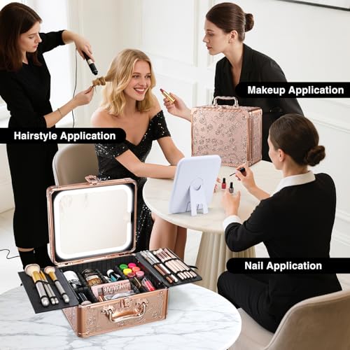 Faquenc Rose Gold Floral Makeup Bag with LED Mirror – 3-Color Lighted Travel Case