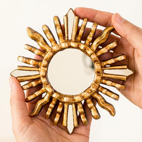Handmade Small Round Wall Mirror with Bronze Leaf Finish - 6in Sun-Inspired Wood Mirror for Home Decor (Gold)