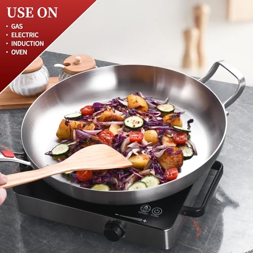 Inqibee 14-Inch Stainless Steel Frying Pan with Lid & Detachable Handle
