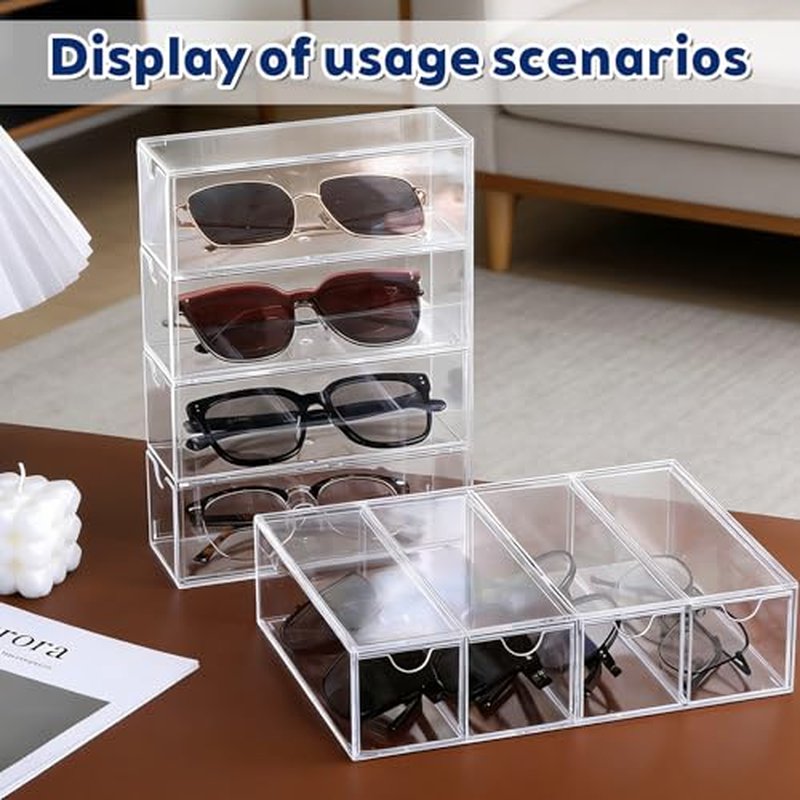2PCS Clear Acrylic Sunglasses Organizer, Plastic Stackable Eyeglass Case Storage Organizers with 4 Drawers, Glasses Organizer for Women for Glasses Jewelry Watch Storage-9.65*6.89*2.56 Inch