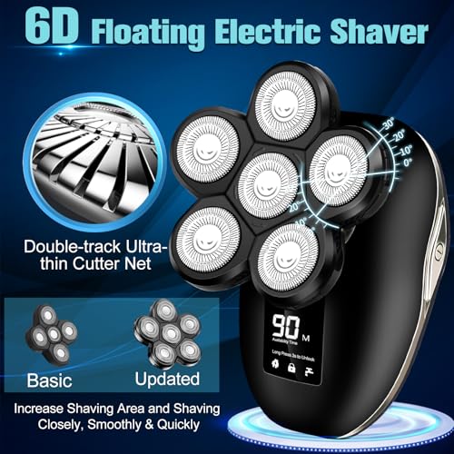 Silver 6-in-1 Electric Head Shaver for Men Waterproof Rotary Razor Kit