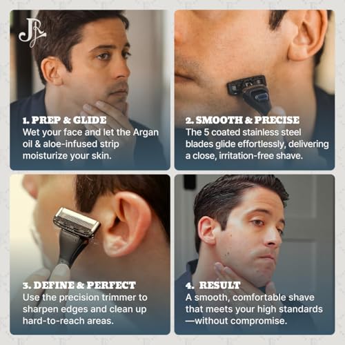 Jeremy's Razors for Men: Precision 5 Blade Razor - Stainless Steel Blades, Lubricating Strip, Precision Trimmer - Men's Shaving Kit, Travel Face Body Head Shavers (1 Razor 4 Cartridges)