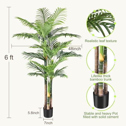 Keeplush 6ft Triple Golden Cane Palm Artificial Tree in Pot - Indoor/Outdoor, UV Resistant, Realistic 3-Trunk Tropical Plant