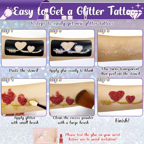 Kids Glitter Tattoo Kit with 50 Colors, 128 Stencils, Face Jewels & Accessories