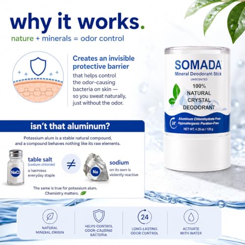 SOMADA Crystal Deodorant Stick 4.25oz Pack of 4 - Aluminum-Free Natural Mineral