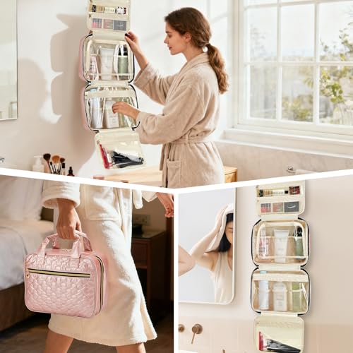 Travel Toiletry Bag, Hanging Makeup Organizer with Hook, Water-Resistant Cosmetic Bag, Fits Full-Size Shampoo & Conditioner Bottles, for Women & Men, Makeup Accessories & Brushes (Pink, Large)