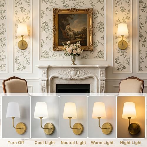Set of 2 Brass Wall Sconces with Glass Shades - Mid Century Modern Hardwired Lighting