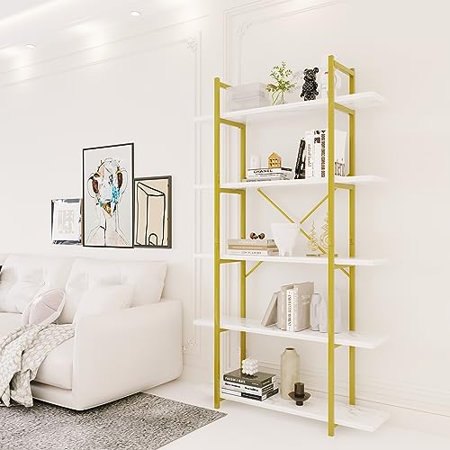 White Faux Marble 5-Tier Ladder Bookcase - Modern Open Storage Shelving Unit