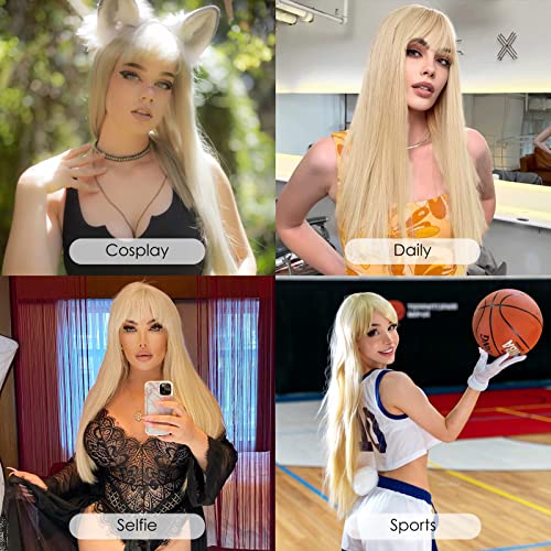 Blonde Wig with Bangs - Long Straight Synthetic Hair 22 Inch for Women & Girls - Daily, Party, Cosplay