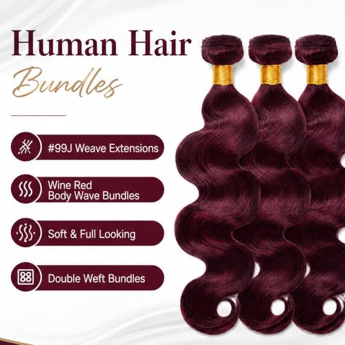 99J Burgundy Body Wave Human Hair Bundles - 12, 14, 16 Inches - Brazilian Grade