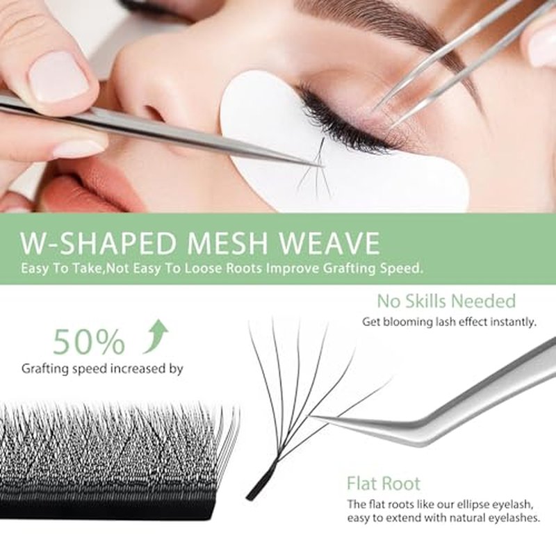 Eyelash Extensions 0.07 D Curl 8-14mm W Shaped Clover Classic Easy Fan Permanent Volume Lash Extensions Automatic Blooming Flower Lash,Professional Supplies for Lash Techs(6D,0.07-D,8-14 Mix)