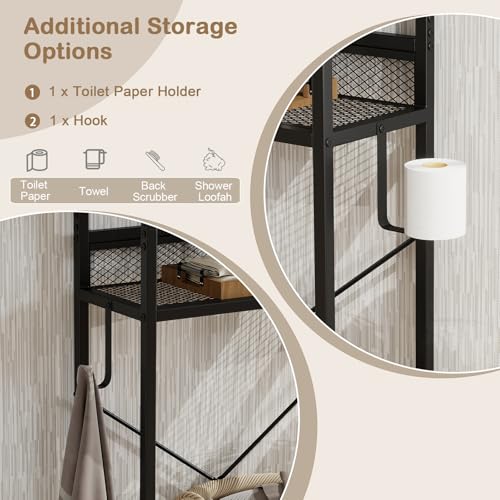 Over The Toilet Storage Cabinet - 5-Tier Bathroom Organizer with Mesh Doors - Black / Rustic Variation