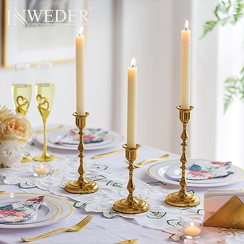 Gold Brass Taper Candle Holders Bulk - 5 Sets (15 Pcs) Vintage Bamboo Design