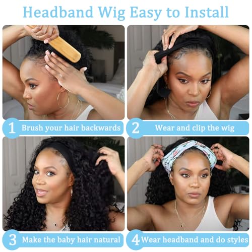 Deep Wave Headband Wig 18 Inch Human Hair Curly No Lace Glueless for Black Women - Natural Color