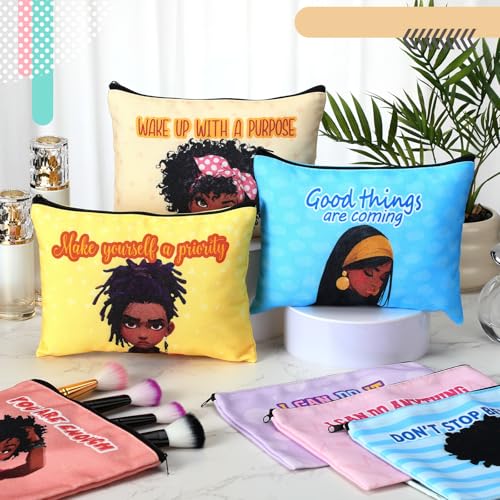 Silkfly 24 Pcs African American Gifts Black History Month Black Girl Women Makeup Cosmetic Bag Afro Queen Inspirational Canvas Toiletry Travel Organizer Purse African American Party Favor