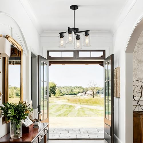 Black Farmhouse Chandelier 4-Light D18 Adjustable Pendant Lighting - Xeruyiwa