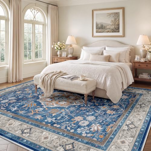 SameBed 8x10 Blue Vintage Washable Area Rug Living Room Carpet