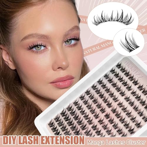 Pre Glued Eyelashes Clusters With Invisible Tape Manga Glueless Lashes Self Adhesive 10-16mm D Curl Lash Clusters Strong Hold Press On Lashes Last 24 Hours Reusable Lashes Natural With Cotton Swab