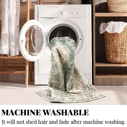 Green 5'x7' Washable Boho Area Rug Non-Slip Low-Pile Floral Accent