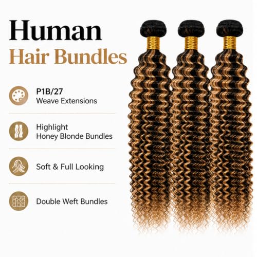 Human Hair Highlight Kinky Curly Bundles - Brazilian P1B/27 Ombre Blonde, 20-24 Inch Variation #P1B/27-J-20-22-24
