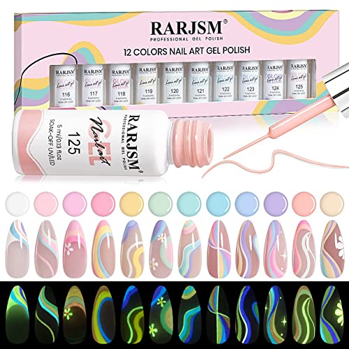 Glow in The Dark Nail Art Gel Set - 12 Pastel Colors with Fine Brush