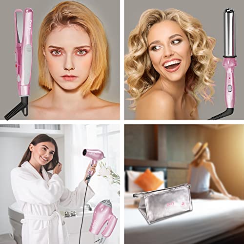 DAN Technology Pink Travel Hair Styling Set with Mini Flat Iron, Curling Iron & Dryer