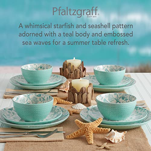 Pfaltzgraff Venice 16-Piece Stoneware Dinnerware Set for 4 - Coastal Aqua & White