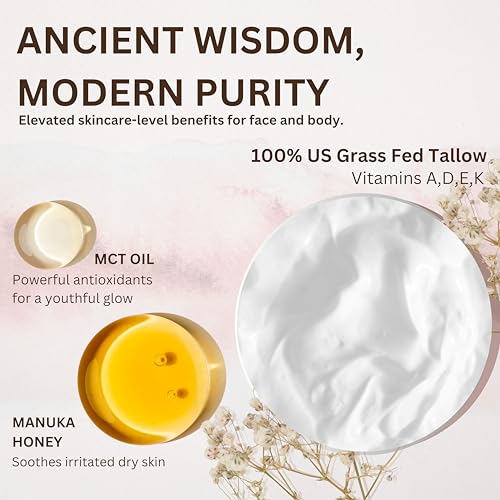 Whipped Organic Grass-Fed Beef Tallow for Skin - 100% Pure, Non-Greasy, Natural Beef Tallow Moisturizer for Face and Body. Honey Beef Tallow Balm ? Soothes Sensitive Skin, Absorbs Quickly