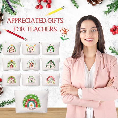 Coume 30 Pcs Teacher Appreciation Gifts Bulk for Women Inspirational Rainbow Canvas Makeup Bags Thank You Cosmetic Bags for Teacher Employee Coworker Gifts, 10 Styles(Joyous)