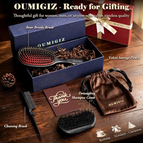 Large Boar Bristle Hair Brush for Thick & Curly Hair - Handmade Wooden Comb