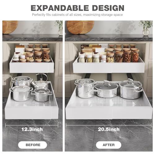 Seinloes 4 Pack Pull Out Cabinet Organizer 21" Deep, Expandable 12.3-20.5" Wide, Full Extension Slides, White