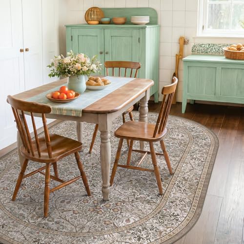 Moss Green 5x8 Oval Rug with Non-Slip Backing - Vintage Floral Area Rug for Living Room