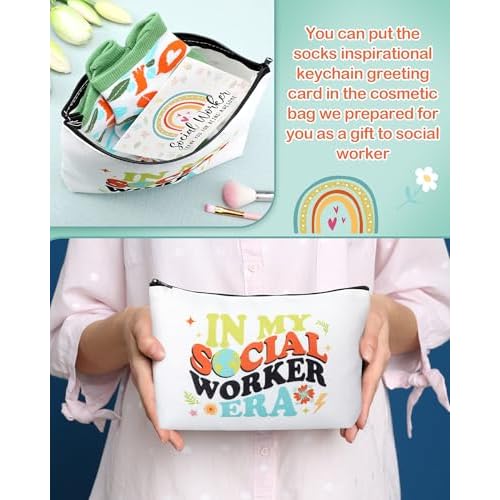 48 Pcs Novelty Social Worker Gifts Bulk Include Funny Cotton Ankle Socks Makeup Bag Keychain Greeting Card for Thank You Appreciation Birthday Graduation Gifts Supplies
