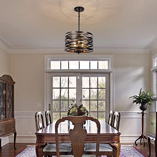 12.6-Inch Farmhouse Chandelier with Retro Wood Texture and 3 Lights - Black Pendant Light for Dining Room Kitchen Foyer