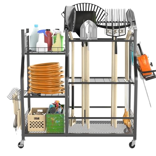 Garden Tool Organizer with Wheels - Rake & Shovel Storage Stand with Shelves - Variation: Tool Stand with Extra Shelves