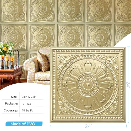 Drop Ceiling Tiles 24x24 Inches Waterproof PVC Panel Pack of 12 Champagne Gold