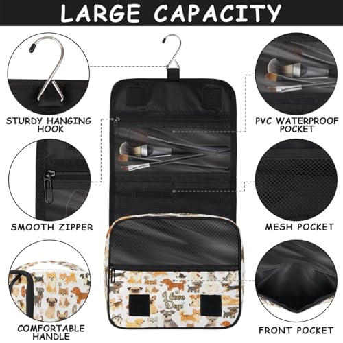 Bardic Hanging Toiletry Bag for Women Cute Dogs Travel Makeup Bag Cosmetic Organizer for Gilrs Waterproof Hygiene Bag Shower Wash Bags with Hanging Hook for Bathroom Beach Gym