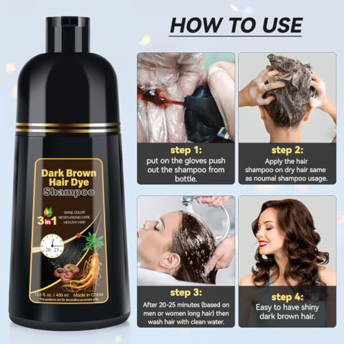 YOURTONE Dark Brown Hair Dye Shampoo 3-in-1 for Gray Coverage & Shine