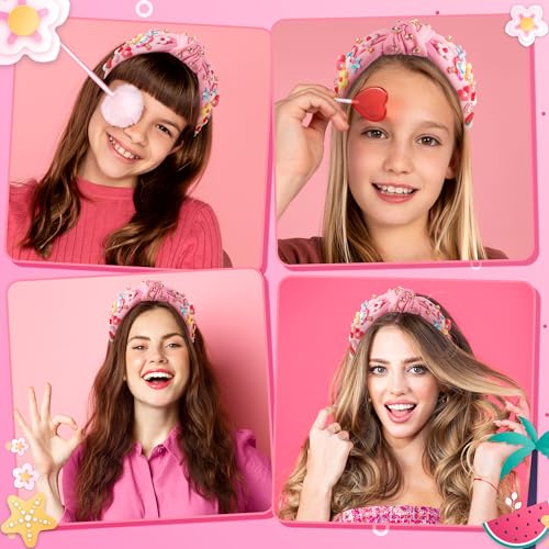 Pink Floral 4-Piece Jeweled Knotted Headband Set - Rainbow Rhinestone Hair Accessories for Women & Girls