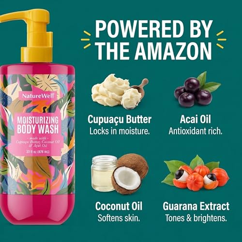 NATURE WELL Cheeky Moisturizing Body Wash, Creamy Formula Infused with Cupua?u Butter, Provides Gentle Cleansing & Intense Hydration, Deliciously Sweet & Warm Brazilian Nut Oil Scent, 33 oz