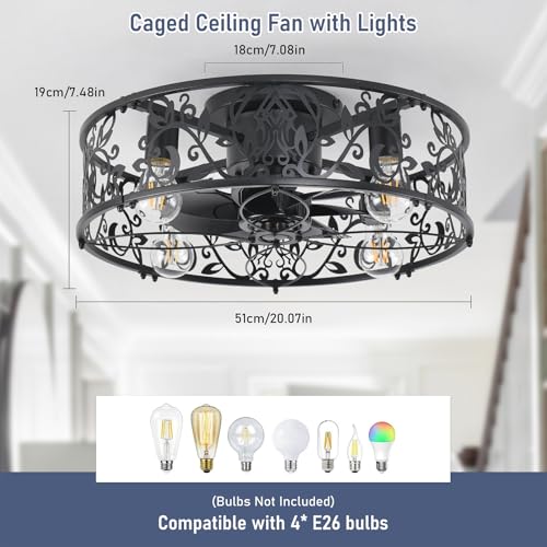 20-Inch Caged Ceiling Fan with Lights and Remote - Black, Flush Mount