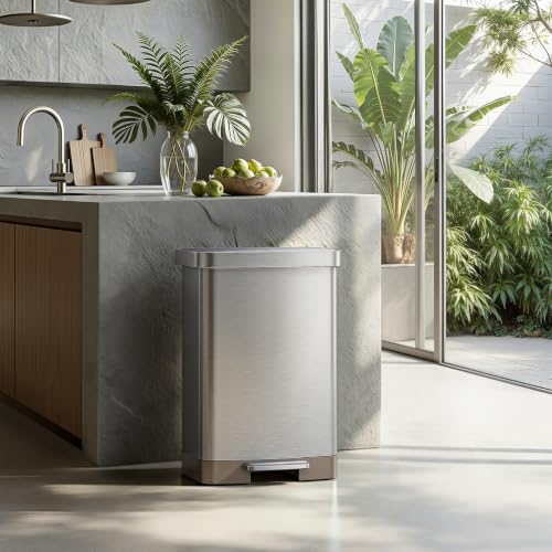 EKO Hudson Matte Stainless Steel Step Trash Can 50L with Rear Bag Storage