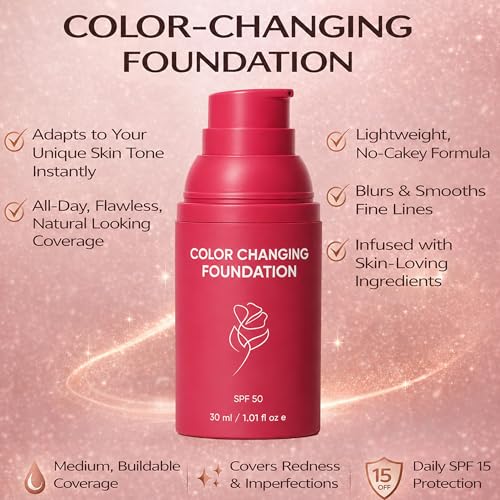 Color Changing Foundation with SPF 50 - Hydrating Liquid Makeup for Mature Skin