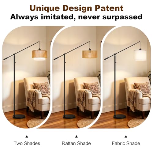 Yemela Boho Matte Black Dimmable Floor Lamp with Rattan & Fabric Shades, Adjustable Swing Arm, Tall Farmhouse Standing Lamp for Living Room & Bedroom