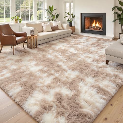 Dark Beige Tie-Dyed 8x10 Area Rug - Plush Shaggy Carpet for Living Room