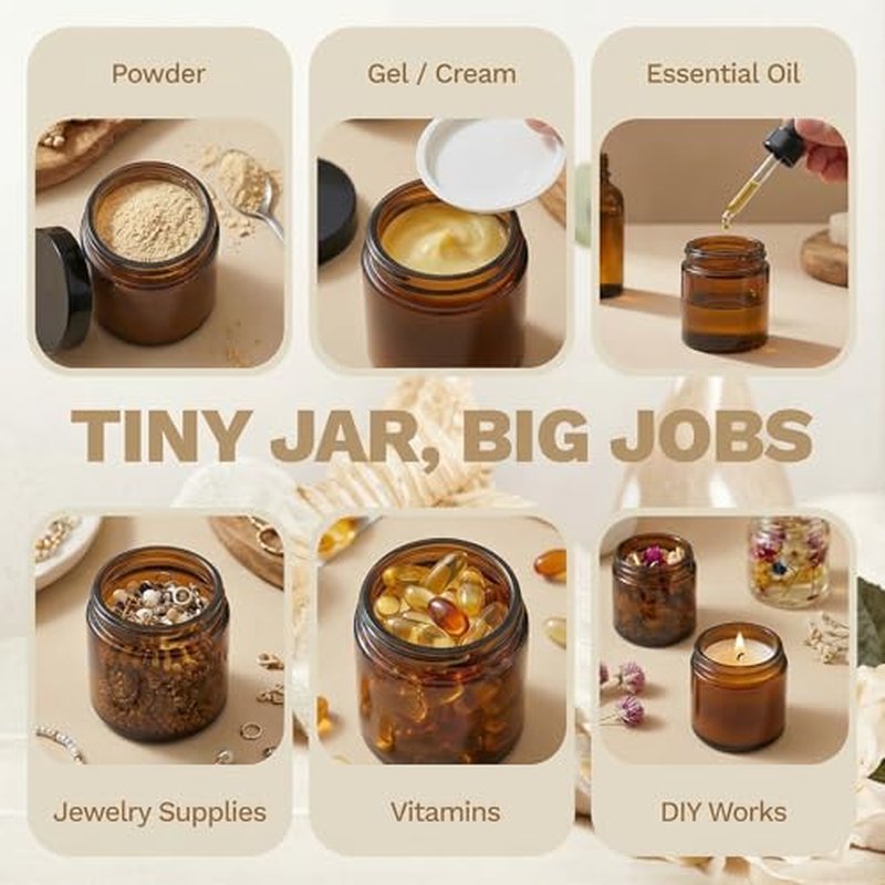 6oz Amber Glass Jars with Lids ? 24 PCS Leak-Proof Cosmetic & Lotion Jars with Inner Liners,Small Travel Jars for Body Scrubs, Creams, Lip Balms, and DIY Projects ?Airtight,Reusable£¨Amber£©