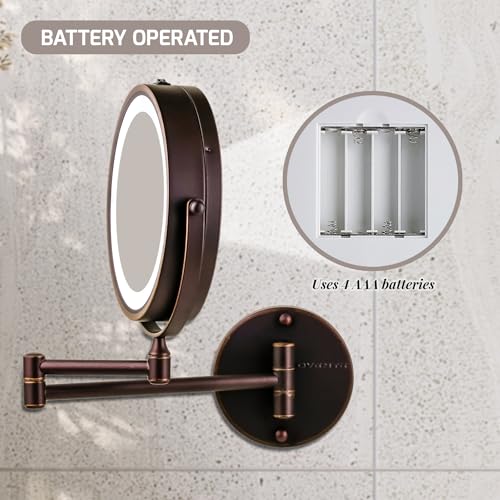 Wall Mounted Lighted Makeup Mirror - 8.5 inch, 10X Magnification, Antique Bronze